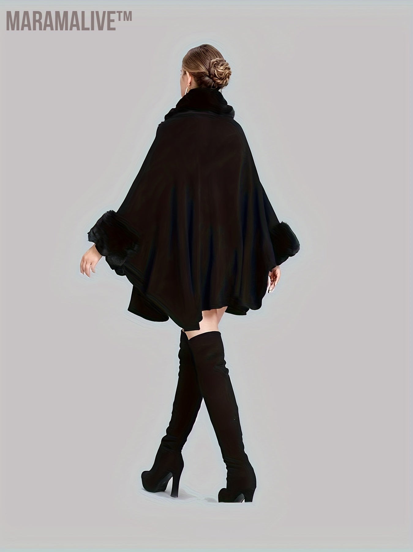 Faux Fur Trim Open Front Coat, Elegant Batwing Sleeve Cape For Fall & Winter, Women's Clothing