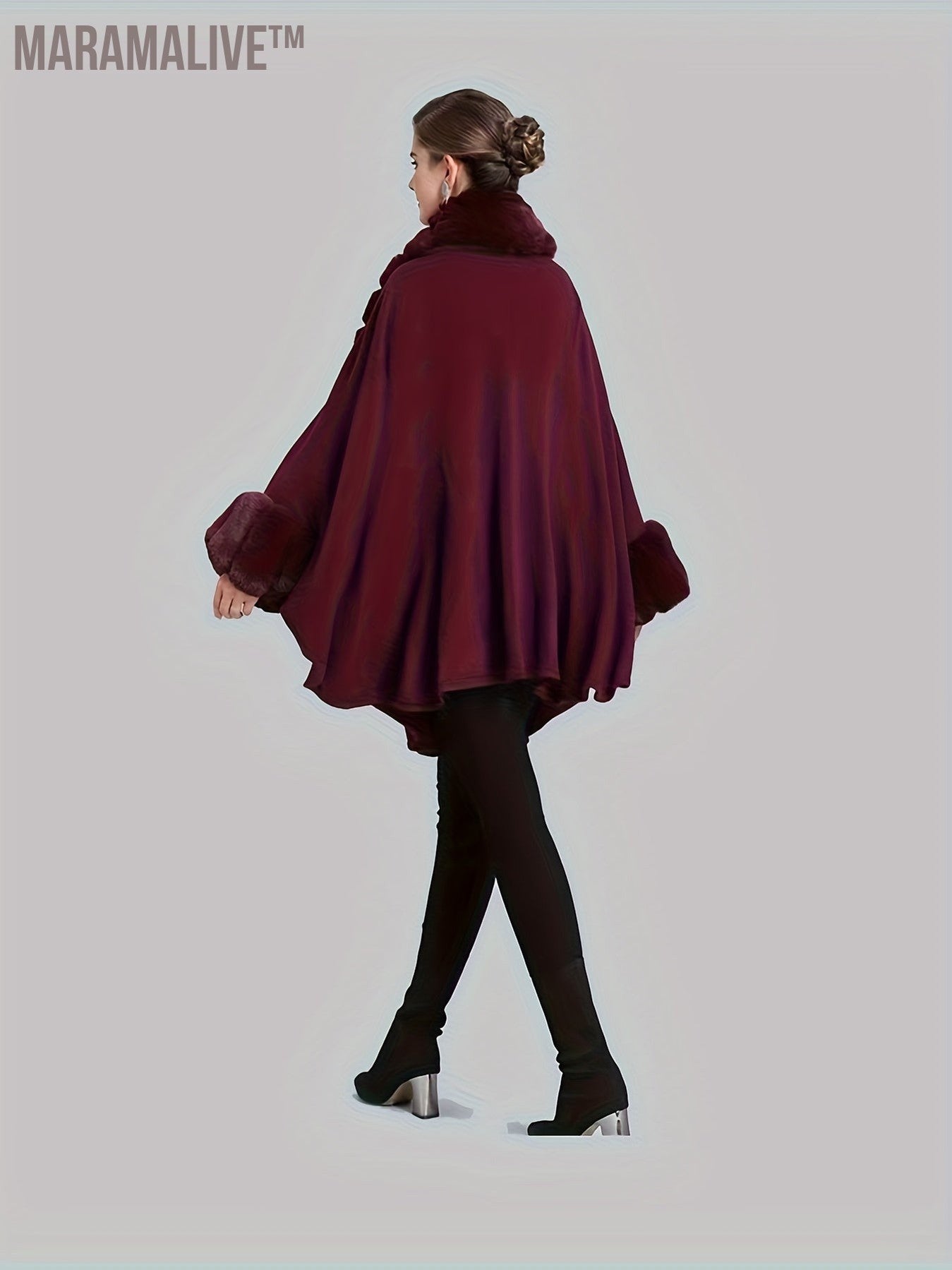 Faux Fur Trim Open Front Coat, Elegant Batwing Sleeve Cape For Fall & Winter, Women's Clothing