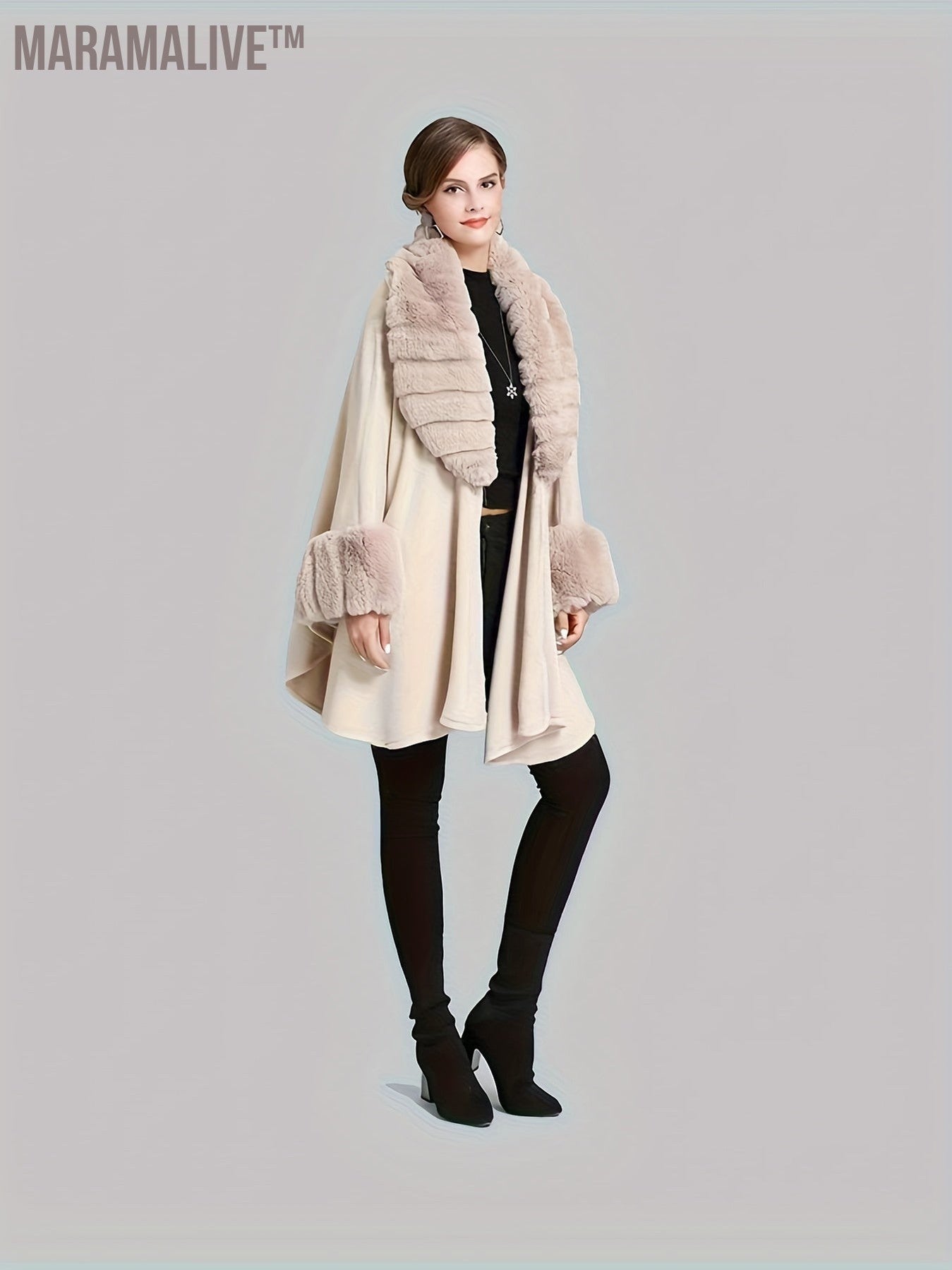 Faux Fur Trim Open Front Coat, Elegant Batwing Sleeve Cape For Fall & Winter, Women's Clothing