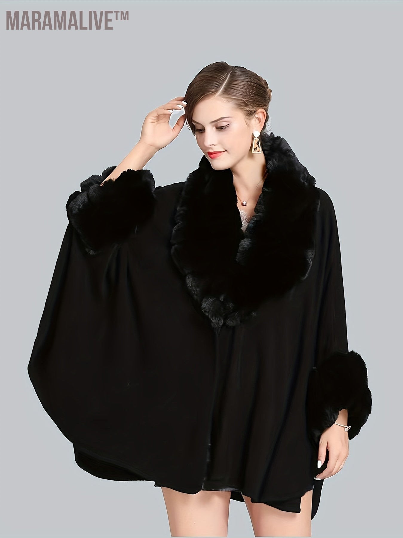 Faux Fur Trim Open Front Coat, Elegant Batwing Sleeve Cape For Fall & Winter, Women's Clothing