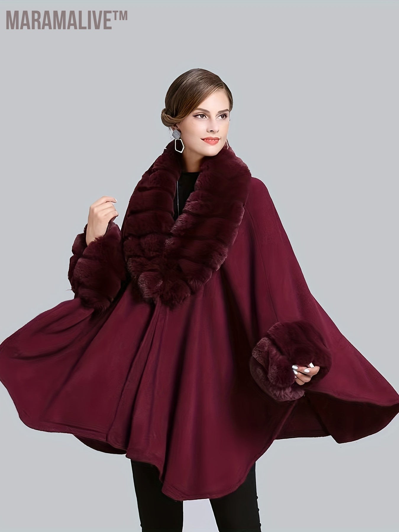 Faux Fur Trim Open Front Coat, Elegant Batwing Sleeve Cape For Fall & Winter, Women's Clothing