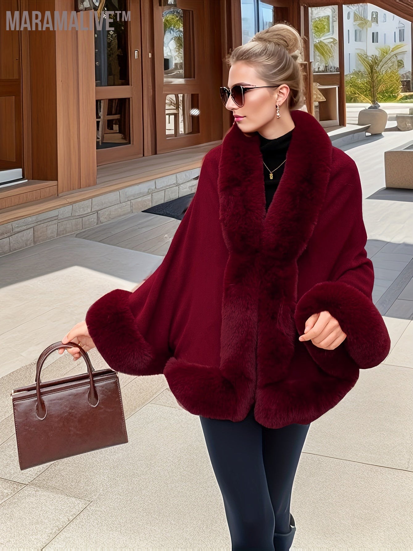 Faux Fur Trim Open Front Coat, Elegant Batwing Sleeve Outerwear For Fall & Winter, Women's Clothing