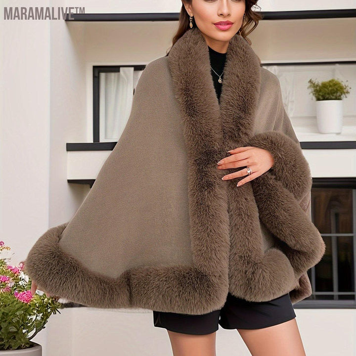 Faux Fur Trim Open Front Coat, Elegant Batwing Sleeve Outerwear For Fall & Winter, Women's Clothing