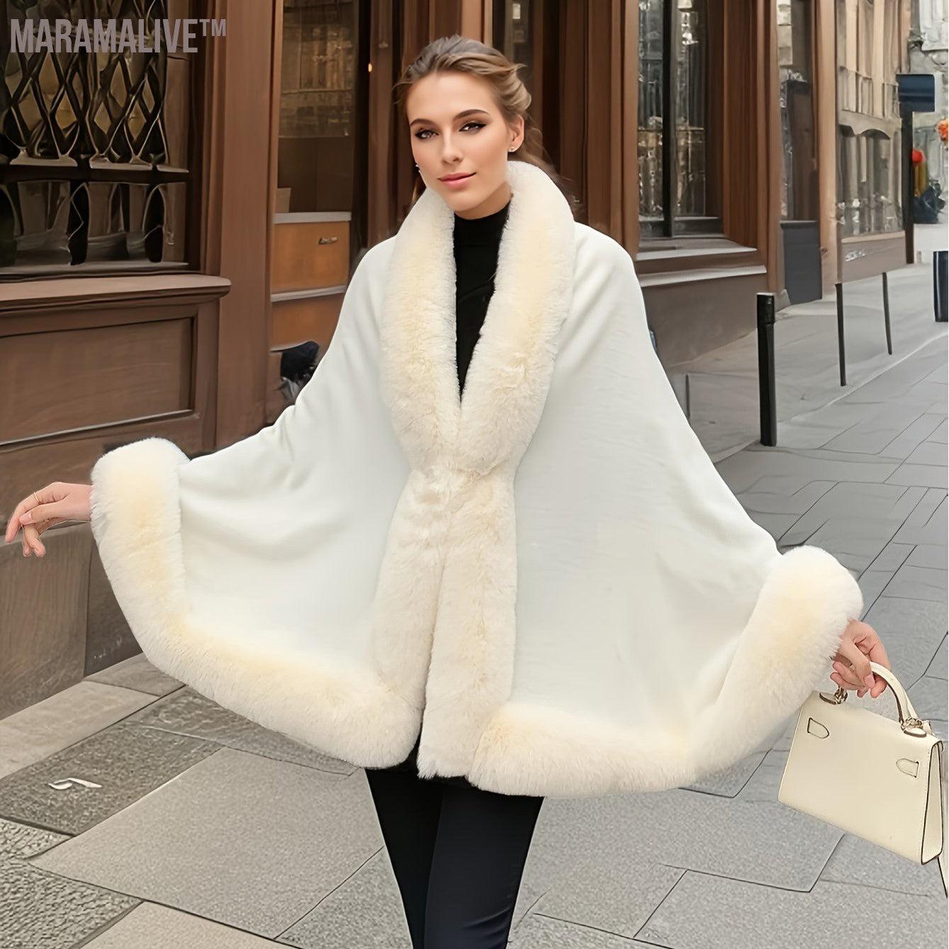 Faux Fur Trim Open Front Coat, Elegant Batwing Sleeve Outerwear For Fall & Winter, Women's Clothing