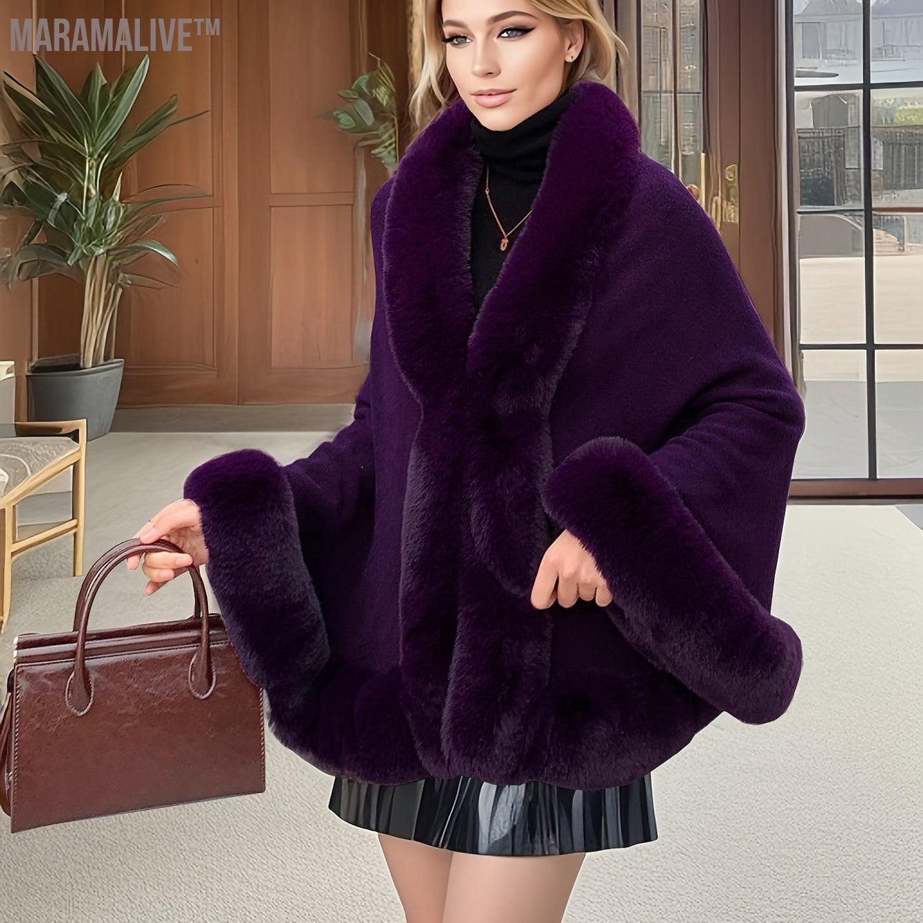 Faux Fur Trim Open Front Coat, Elegant Batwing Sleeve Outerwear For Fall & Winter, Women's Clothing