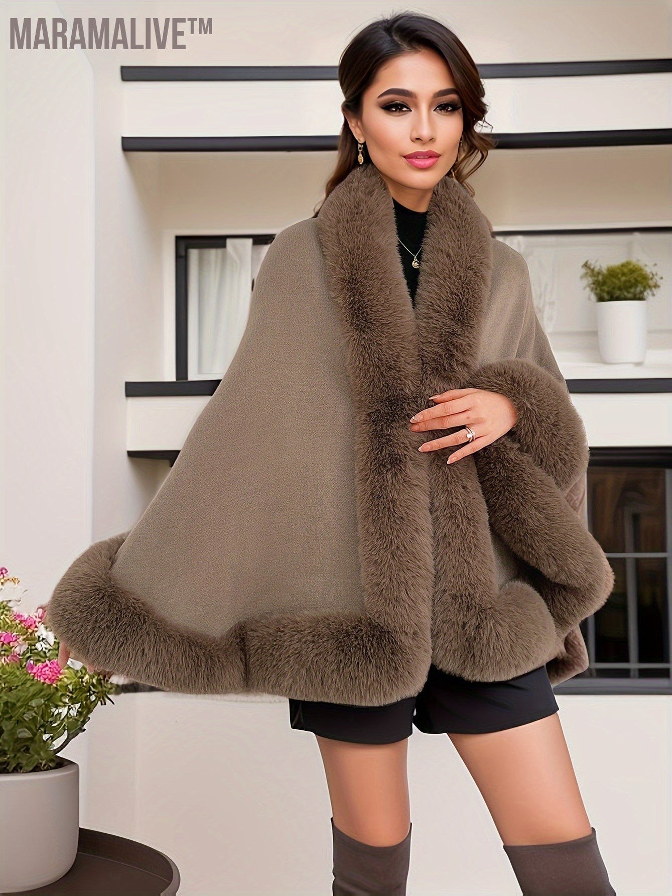 Faux Fur Trim Open Front Coat, Elegant Batwing Sleeve Outerwear For Fall & Winter, Women's Clothing