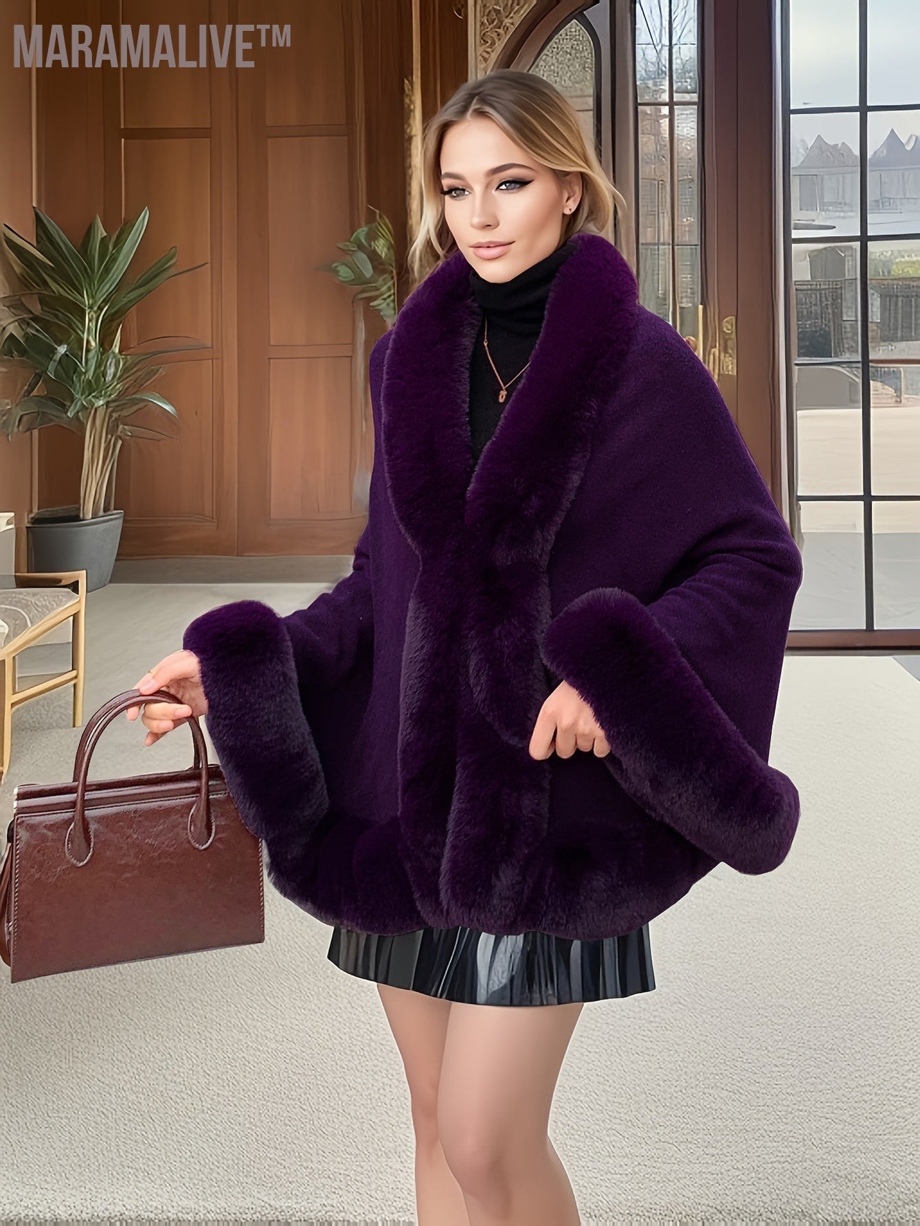 Faux Fur Trim Open Front Coat, Elegant Batwing Sleeve Outerwear For Fall & Winter, Women's Clothing