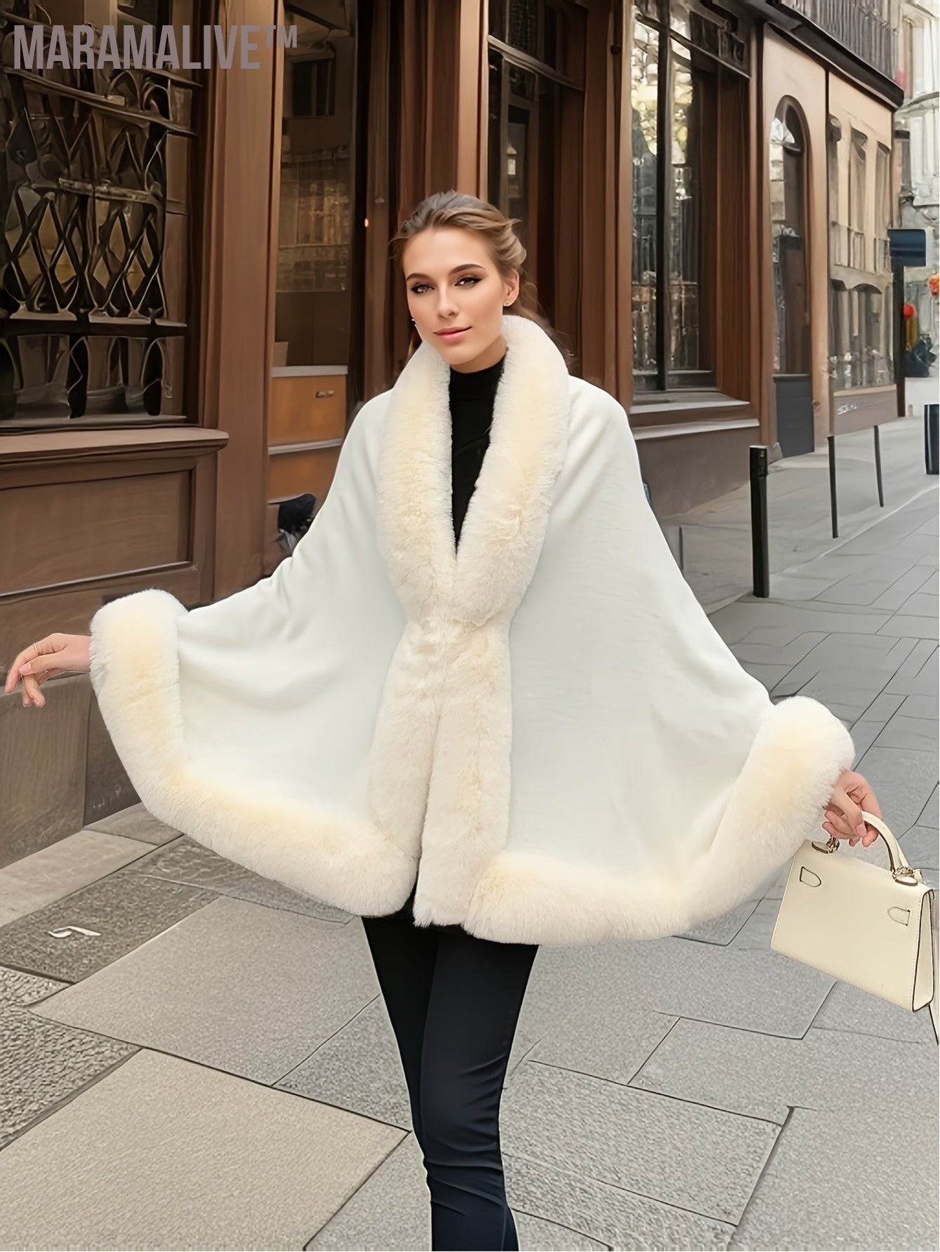 Faux Fur Trim Open Front Coat, Elegant Batwing Sleeve Outerwear For Fall & Winter, Women's Clothing