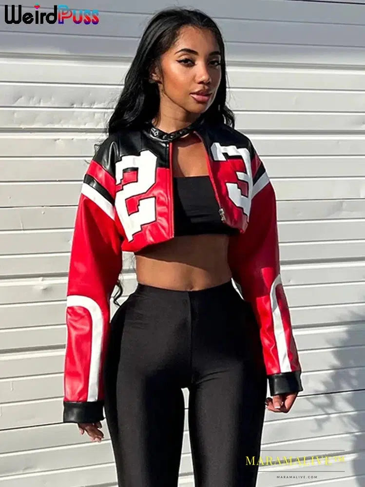 Faux Leather Women Jacket Hipster Letter Print Autumn Trend Casual Sporty Wild Streetwear Uniform Varsity Crop Coat