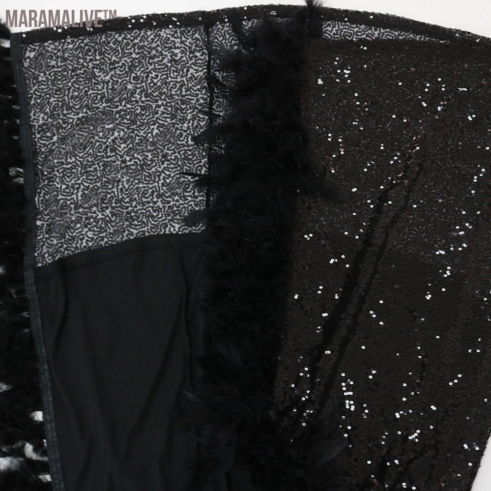 Feather Halter High Split Sequin Dress