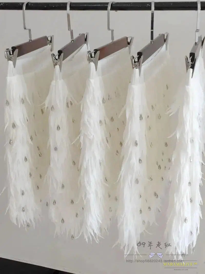 Feather Skirt: Handmade Diamond Beaded Bohemian Bag Hips Short Skirt - Spring & Autumn Collection