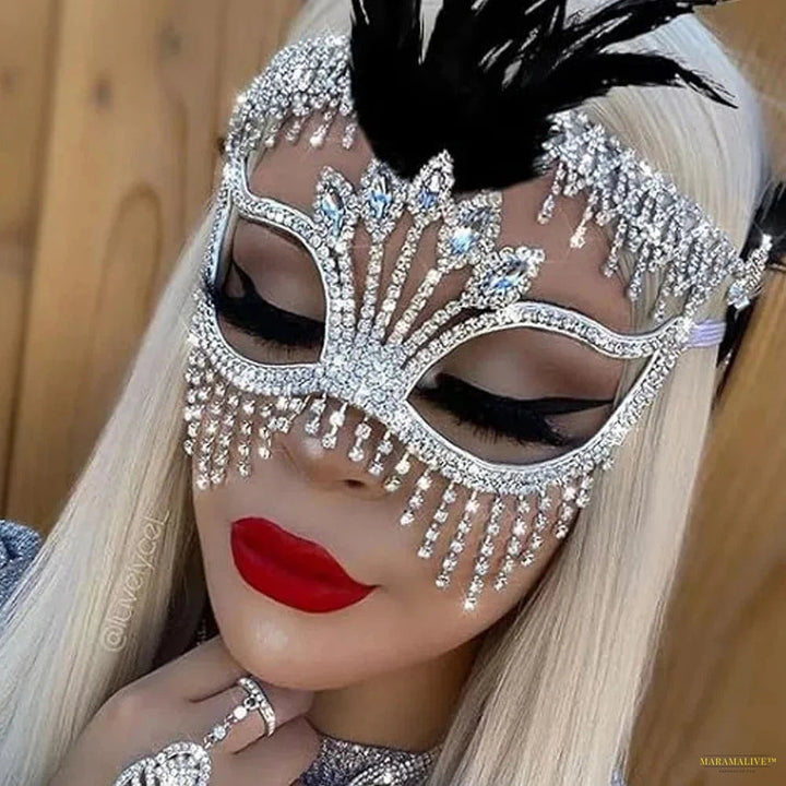 Feathers Rhinestone Tassel Mask Venetian Women Party Masquerade Mask Luxury Crystal Facial Jewelry Fancy Dress Costume Eye Mask