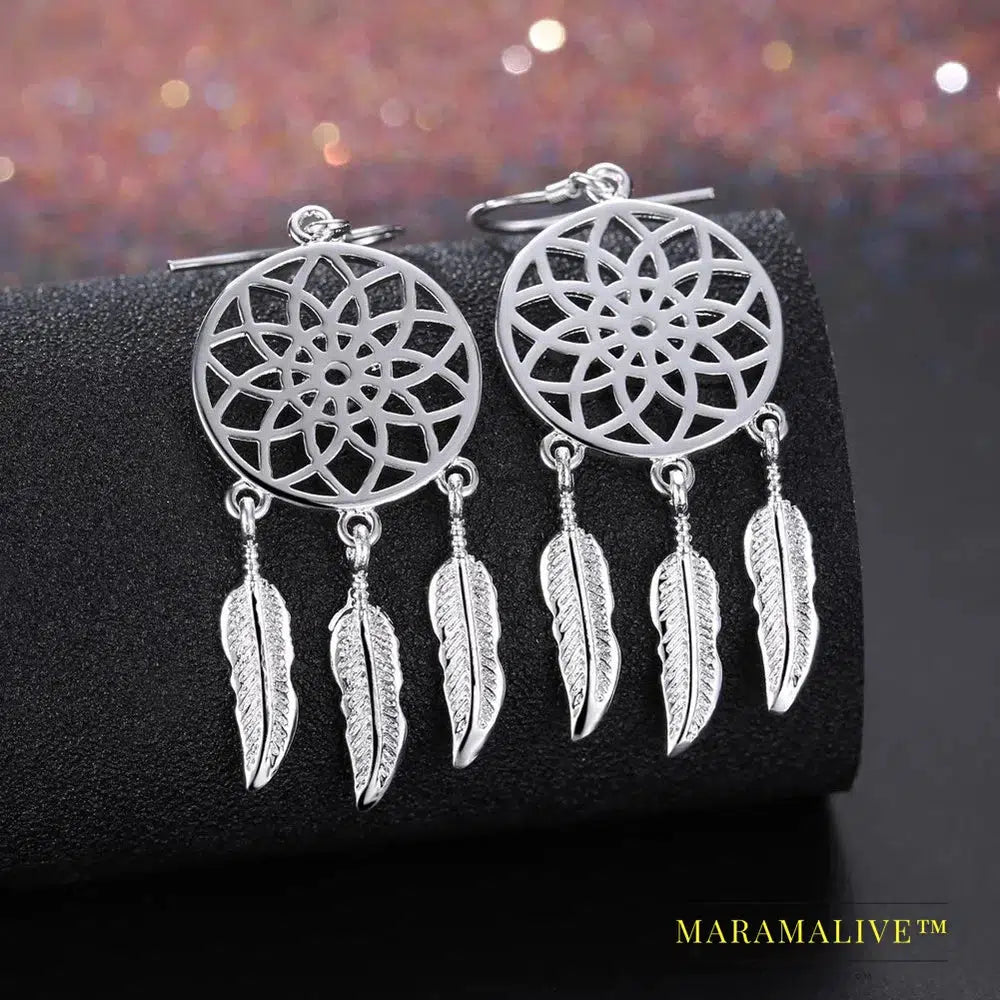 Fine Cute 925 Sterling Silver Fine Dream Catcher Feathers Earrings for Woman Fashion Designer Party Wedding Jewelry Gifts