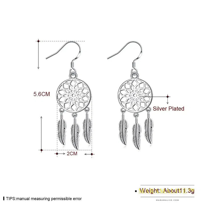 Fine Cute 925 Sterling Silver Fine Dream Catcher Feathers Earrings for Woman Fashion Designer Party Wedding Jewelry Gifts