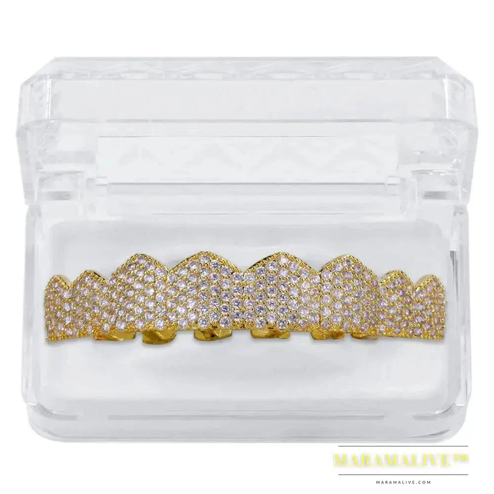 Fit Gold Silver Color Iced Out Hip Hop Teeth Grillz Micro Pave Cubic Zircon Top & Bottom Teeth Grills Set