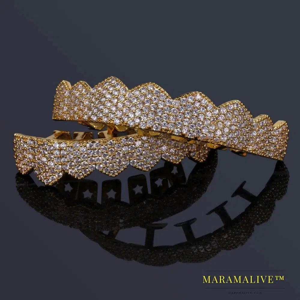 Fit Gold Silver Color Iced Out Hip Hop Teeth Grillz Micro Pave Cubic Zircon Top & Bottom Teeth Grills Set