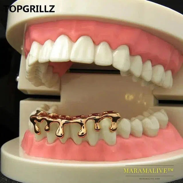 Fit Light Yellow Gold Color Rose Plated Hip Hop Teeth Drip Grillz Caps Lower Bottom Grill Silver Color Grills