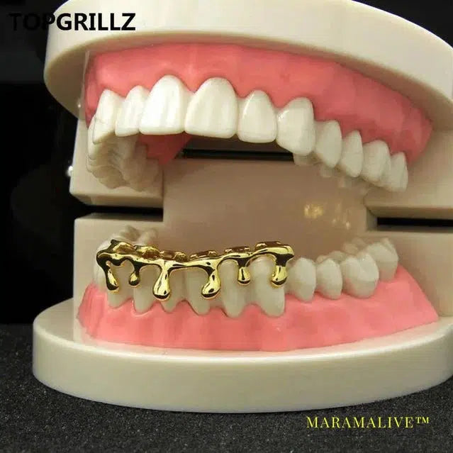 Fit Light Yellow Gold Color Rose Plated Hip Hop Teeth Drip Grillz Caps Lower Bottom Grill Silver Color Grills