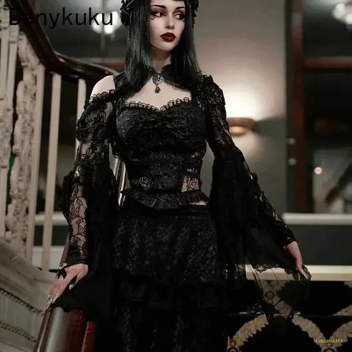 Flare Sleeve Lace Top Shrug Gothic Style Dark Waistcoat Women Round Neck Off-Shoulder Coat Goth Clothes Y2k Cropped Tops