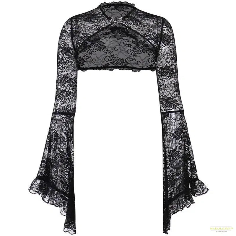 Flare Sleeve Lace Top Shrug Gothic Style Dark Waistcoat Women Round Neck Off-Shoulder Coat Goth Clothes Y2k Cropped Tops