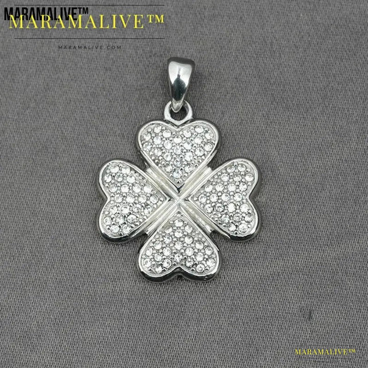 Flower Running Micro Rhinestone Four-leaf Clover Titanium Steel Pendant