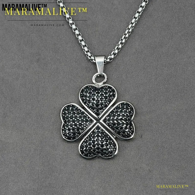 Flower Running Micro Rhinestone Four-leaf Clover Titanium Steel Pendant