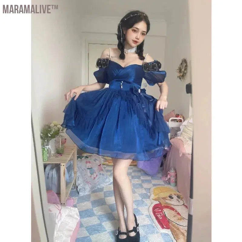 Flower Wedding Lolita Dress Light Gradient Blue Rose Fairy Princess Kawaii Sweet Elegant Lolitas Tea Party Dresses Victorian