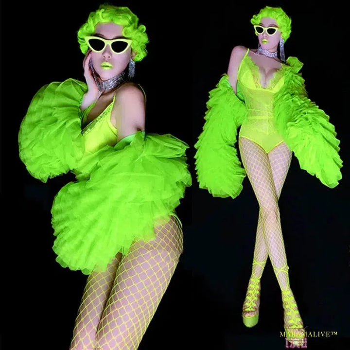 Fluorescent Green Lace Bodysuit with Retro Puff Sleeves - Drag Queen Costumes for Nightclub and Rave Parties - Vibrant Gothic Fashion