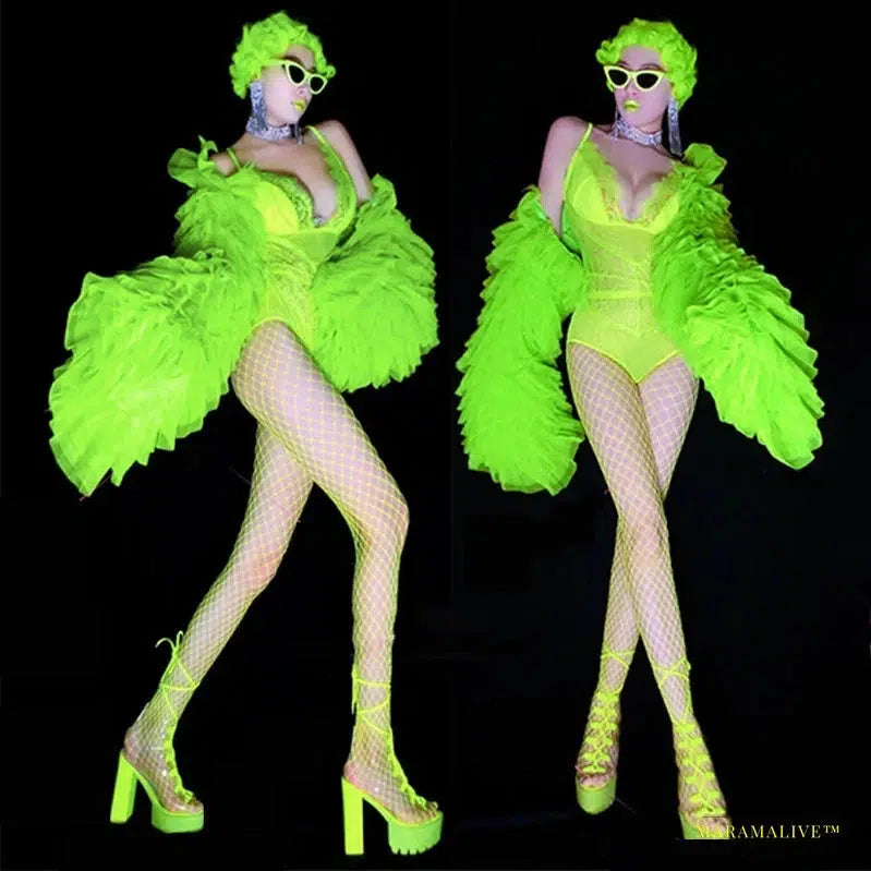 Fluorescent Green Lace Bodysuit with Retro Puff Sleeves - Drag Queen Costumes for Nightclub and Rave Parties - Vibrant Gothic Fashion