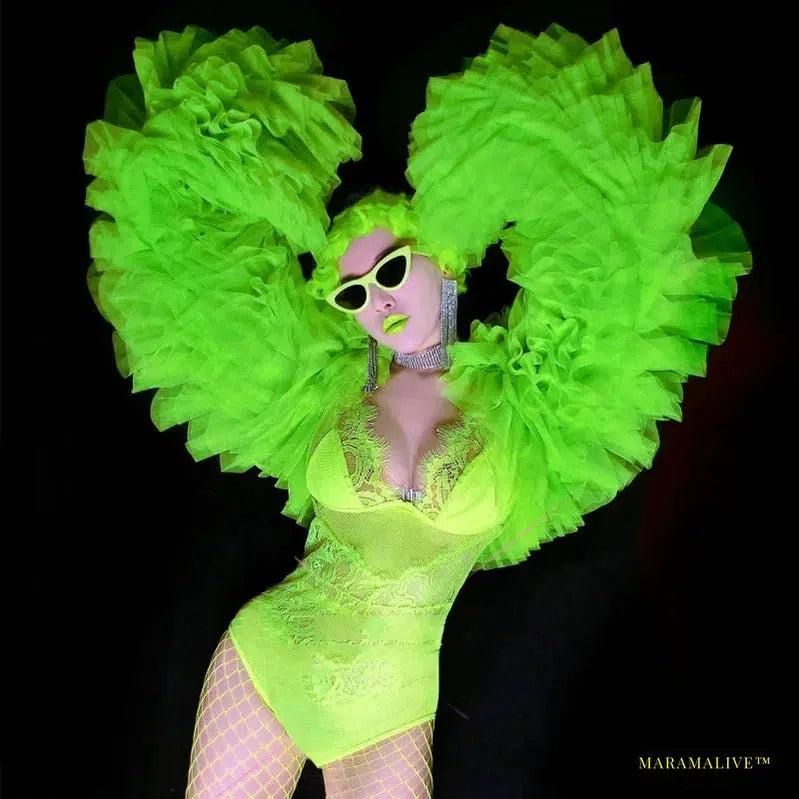 Fluorescent Green Lace Bodysuit with Retro Puff Sleeves - Drag Queen Costumes for Nightclub and Rave Parties - Vibrant Gothic Fashion