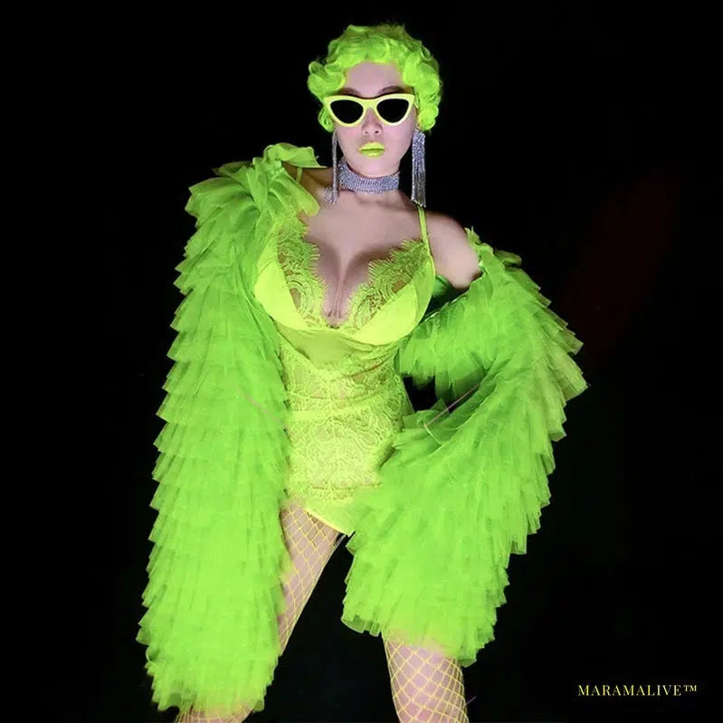 Fluorescent Green Lace Bodysuit with Retro Puff Sleeves - Drag Queen Costumes for Nightclub and Rave Parties - Vibrant Gothic Fashion