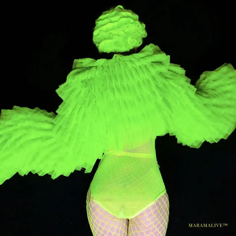 Fluorescent Green Lace Bodysuit with Retro Puff Sleeves - Drag Queen Costumes for Nightclub and Rave Parties - Vibrant Gothic Fashion