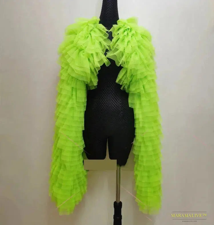 Fluorescent Green Lace Bodysuit with Retro Puff Sleeves - Drag Queen Costumes for Nightclub and Rave Parties - Vibrant Gothic Fashion