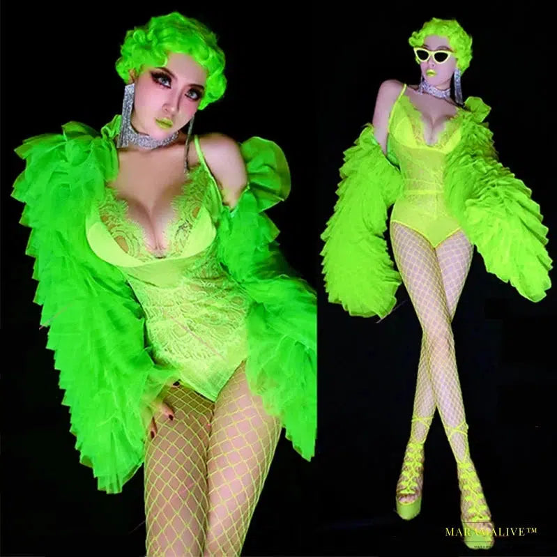 Fluorescent Green Lace Bodysuit with Retro Puff Sleeves - Drag Queen Costumes for Nightclub and Rave Parties - Vibrant Gothic Fashion