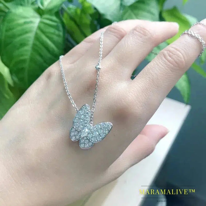 Follow Cloud Butterfly Moissanite Necklace Pendant 18K White Gold Plated 925 Sterling Silver for Women Wedding Party Jewelry