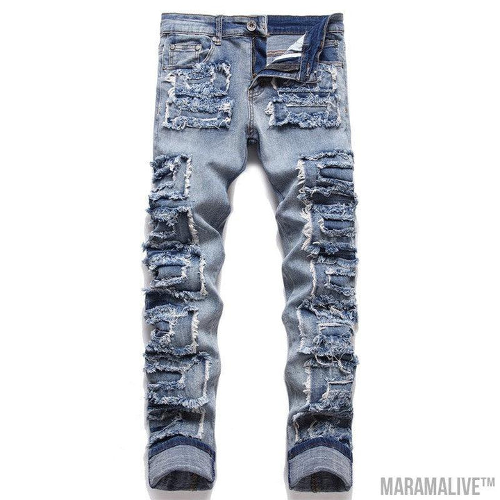 Foreign Trade Style Punk Trendy Blue With Holes Slim Stretch Hole Patch Pencil Pants Men's Jeans