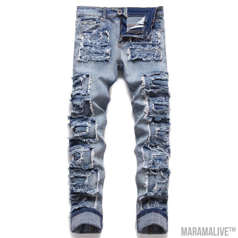 Foreign Trade Style Punk Trendy Blue With Holes Slim Stretch Hole Patch Pencil Pants Men's Jeans