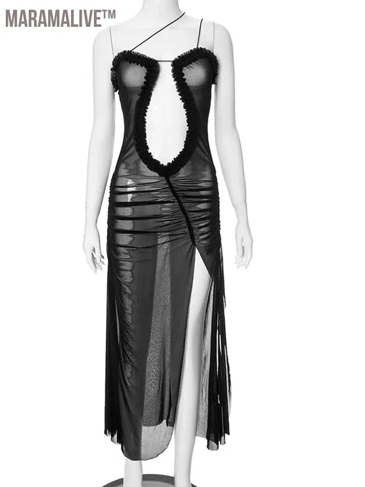 Forever Savage Mesh Ruched Midi Dress Women's Clothing Wild Cut-Out Ruffles Sheer Mesh Long Maxi Dress Night Clubwear