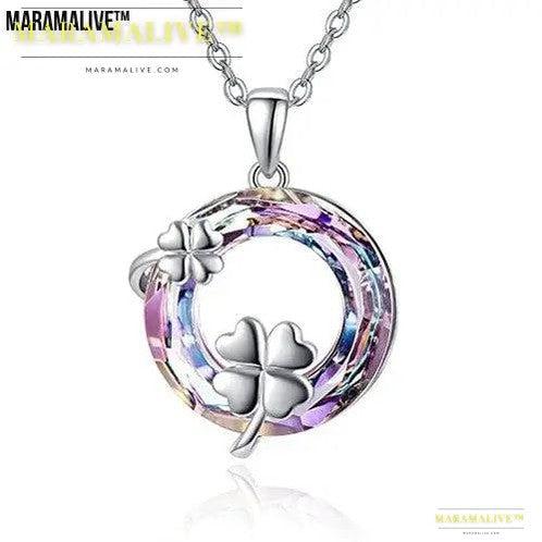 Four Leaf Clover Necklace 925 Sterling Silver Shamrock Pendant Necklace Crystal Jewelry Mothers Day Gifts For Mom Women Girls