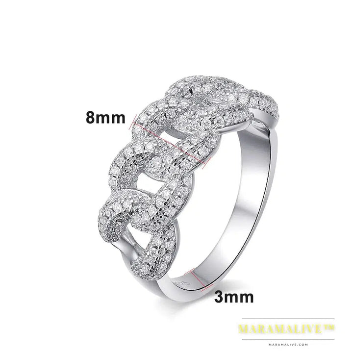 Full Moissanite Cuban Ring 925 Sterling Sliver Plated 18k Eternity Band Hip Hop Ring for Woman Man Sparkling Jewelry