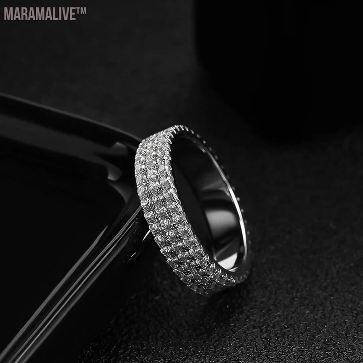 Full Moissanite Ring 925 Sterling Sliver Plated 18k Eternity Band Hip Hop Rings for Woman Man Party Sparkling Jewely