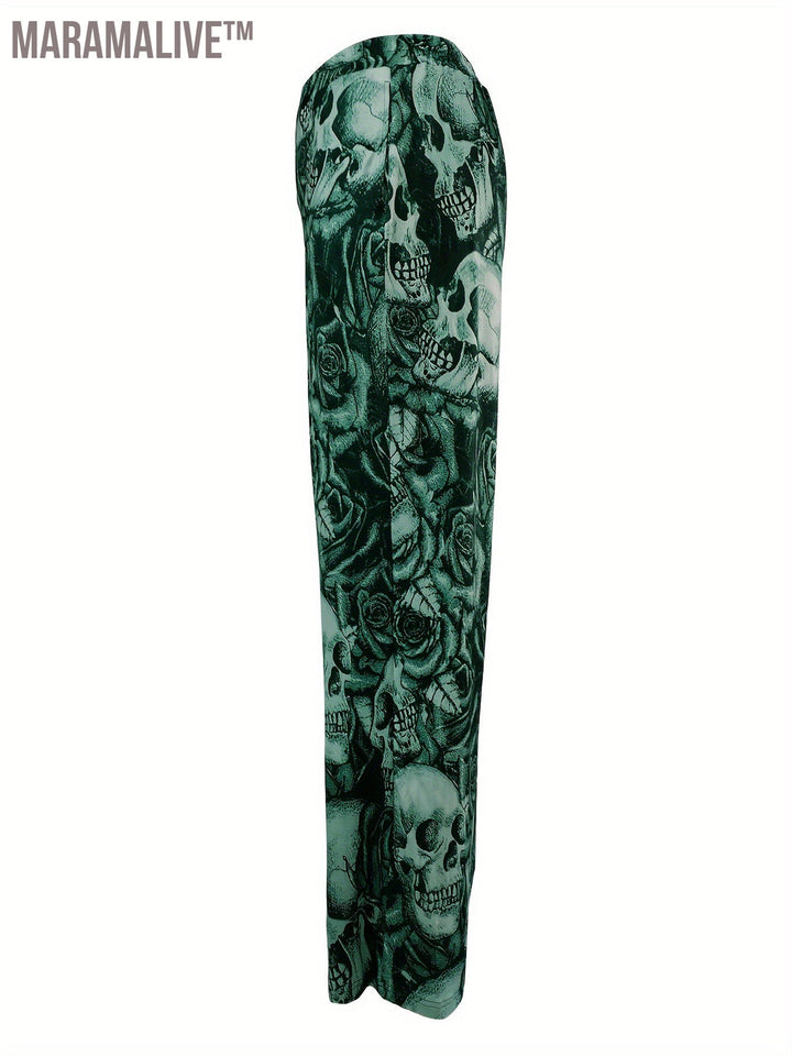 Full Skull Print Wide Leg Pants, Casual Pants For Spring & Fall, Women's Clothing