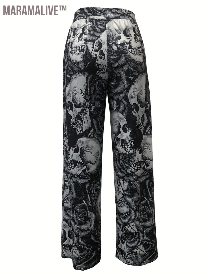 Full Skull Print Wide Leg Pants, Casual Pants For Spring & Fall, Women's Clothing