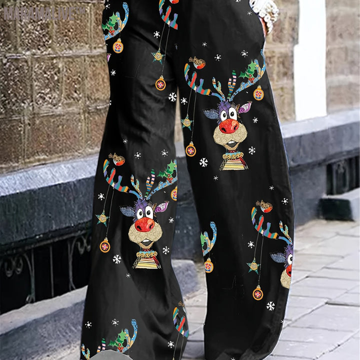 Full Skull Print Wide Leg Pants, Casual Pants For Spring & Fall, Women's Clothing