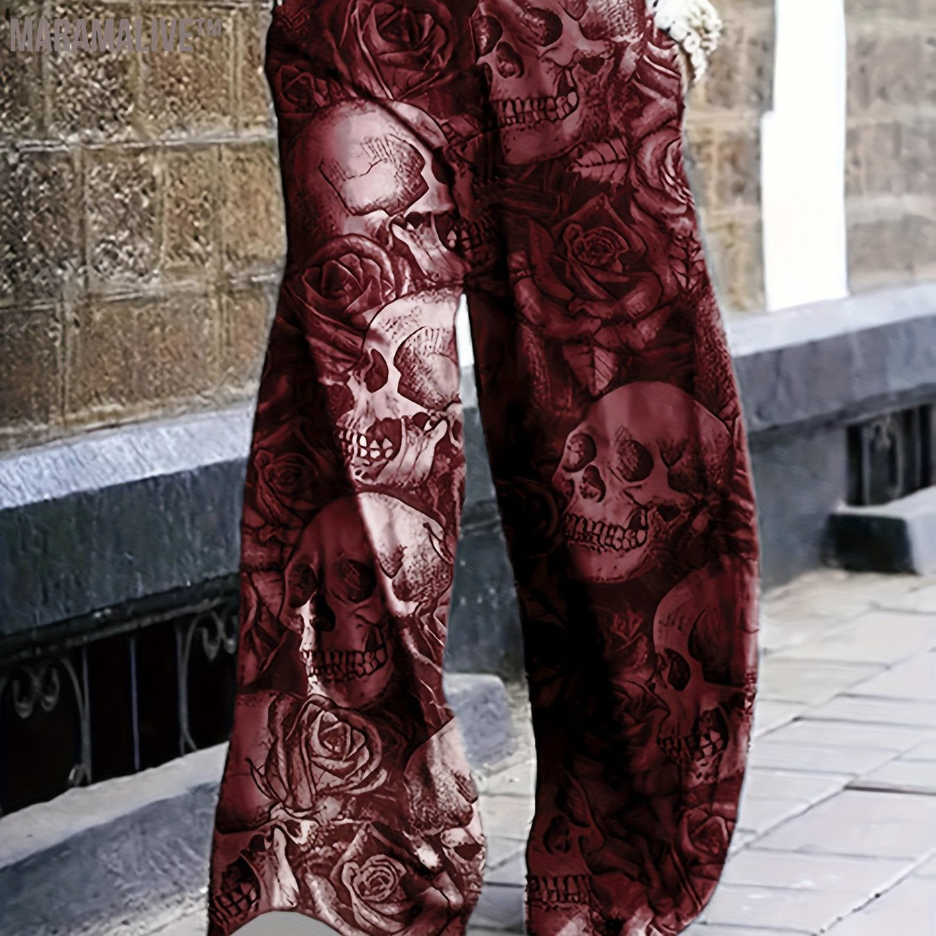 Full Skull Print Wide Leg Pants, Casual Pants For Spring & Fall, Women's Clothing