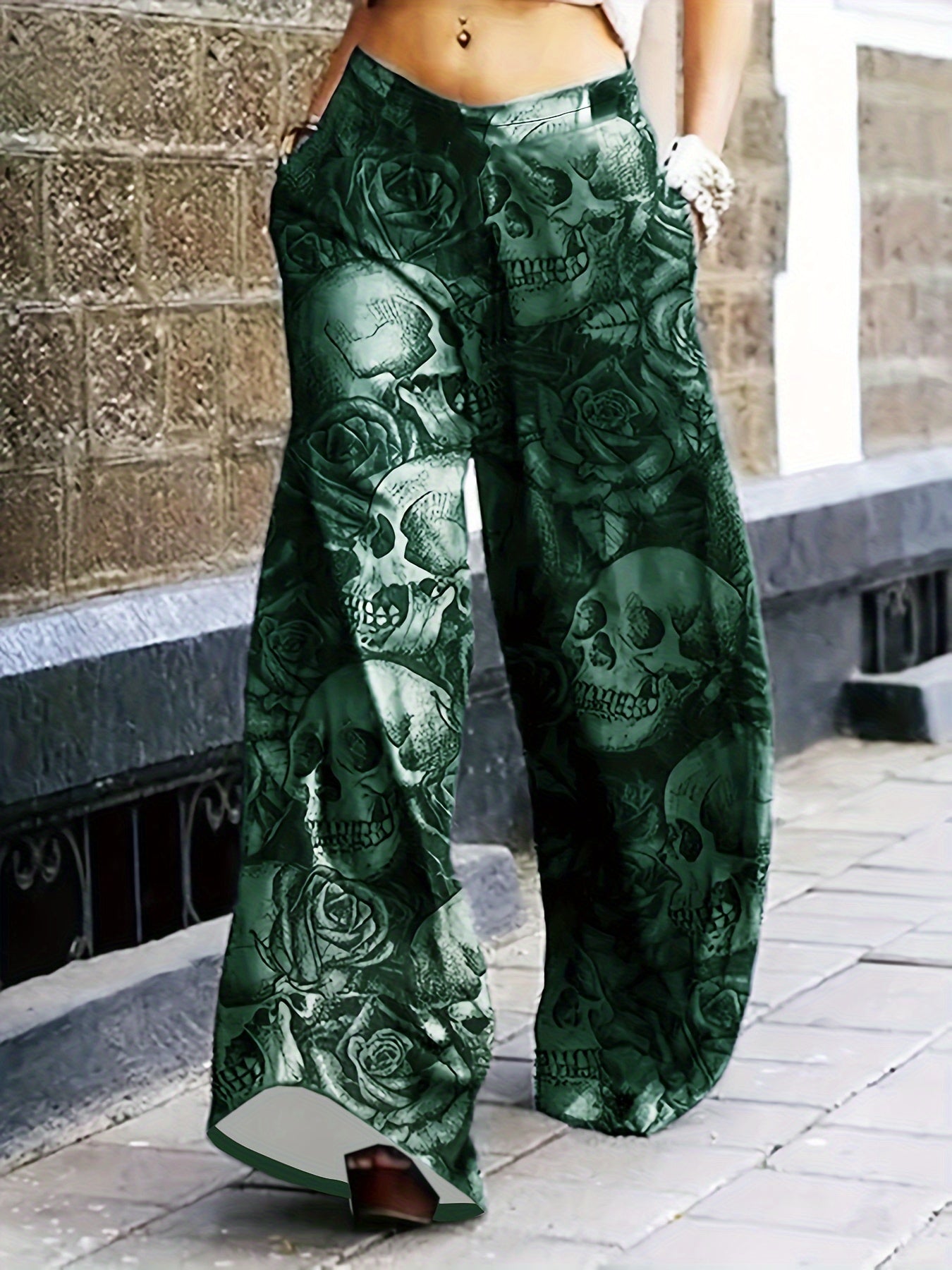 Full Skull Print Wide Leg Pants, Casual Pants For Spring & Fall, Women's Clothing