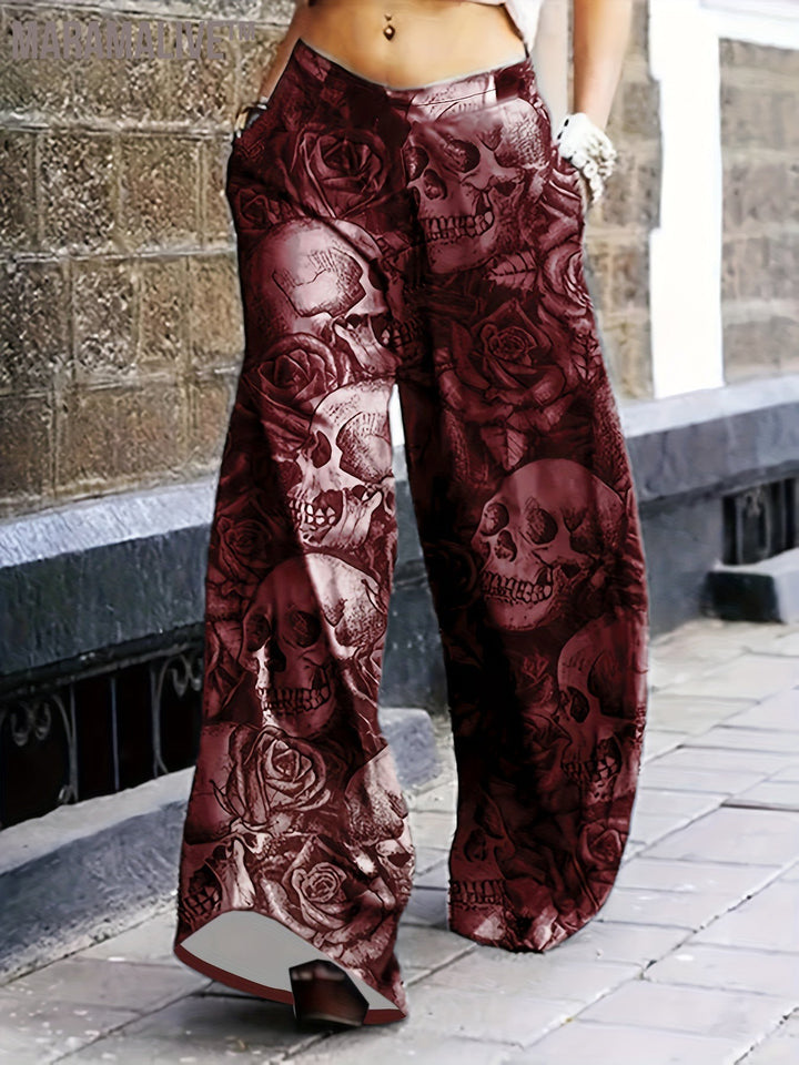 Full Skull Print Wide Leg Pants, Casual Pants For Spring & Fall, Women's Clothing