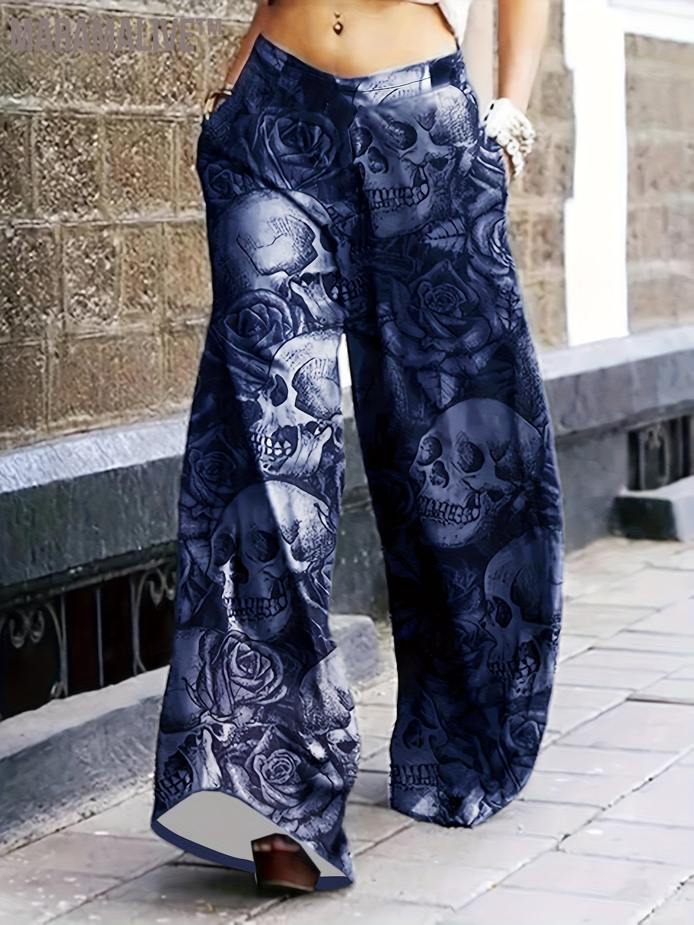 Full Skull Print Wide Leg Pants, Casual Pants For Spring & Fall, Women's Clothing