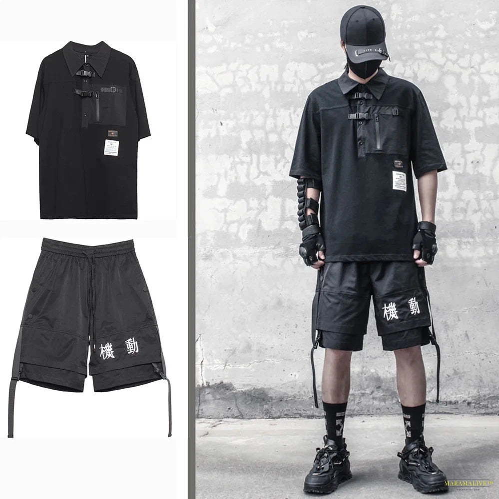 Functional Cargo Short Sleeve Lapel Polo Shirt Men Summer Buckle T-shirt Hip Hop Loose Casual Streetwear Techwear Tee Tops