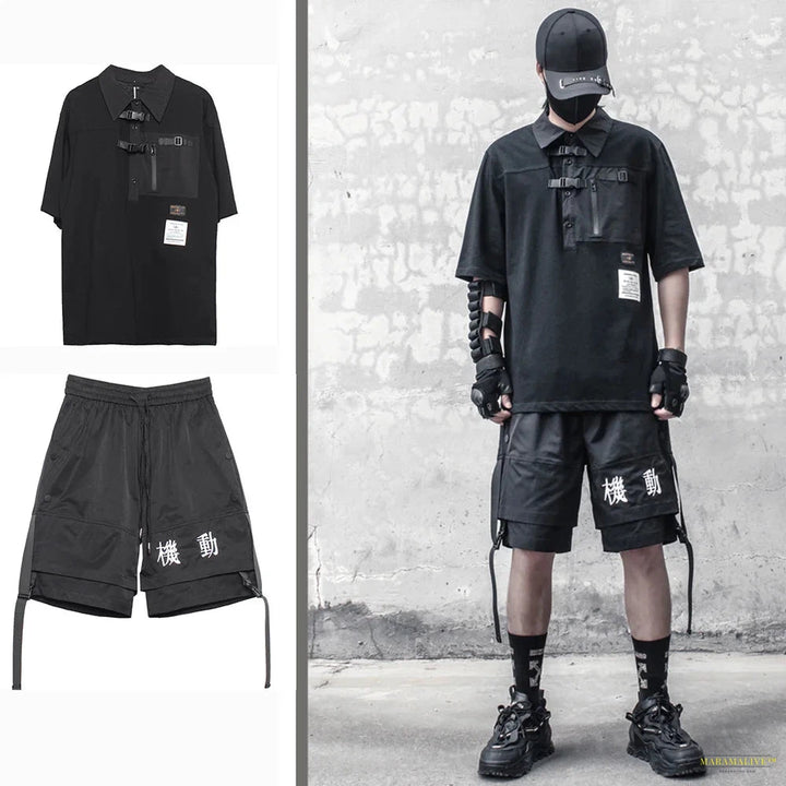 Functional Cargo Short Sleeve Lapel Polo Shirt Men Summer Buckle T-shirt Hip Hop Loose Casual Streetwear Techwear Tee Tops